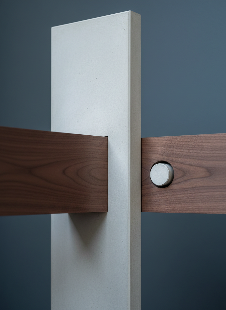 A refined architectural detail study of intersecting concrete and walnut wood volumes, each with impeccably smooth surfaces and crisp minimalist junctions. The detail is set against an unadorned, matte slate grey wall, with no background distractions. Diffused, cool daylight grazes across the materials, highlighting the contrast between the warm wood grain and the cool, tactile concrete. The scene is serene and contemplative, emphasizing the subtle beauty in precision and material interplay. Close-up, macro perspective with a shallow depth of field, the frame captures sophisticated, abstract artistry emblematic of cutting-edge architectural design.