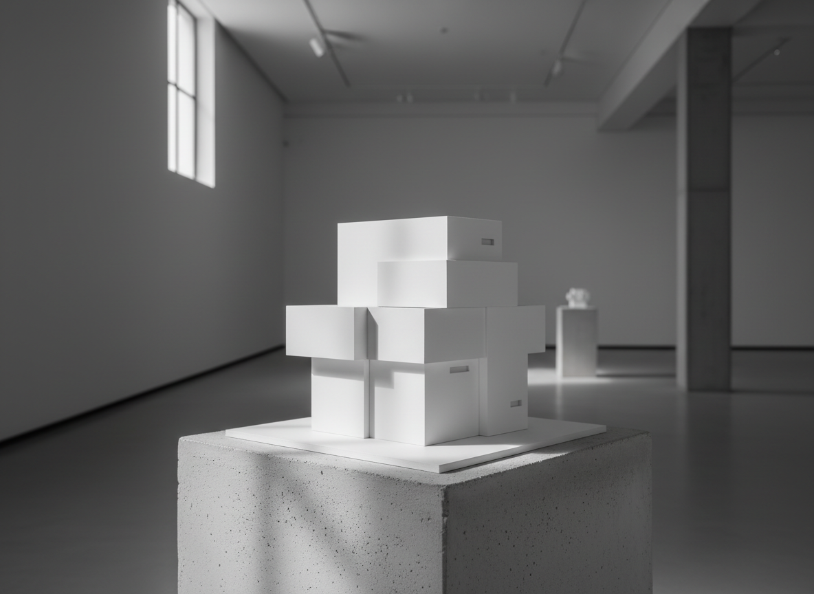 A striking, minimalist architectural model crafted from smooth white matte materials, featuring sharp geometric lines and understated, refined detailing. The model is displayed on a subtle concrete pedestal in a spacious, uncluttered gallery setting, with walls in a muted grey gradient. Serene, diffused daylight filters through a high window, casting soft, directional shadows that accentuate the model's contours. The atmosphere is calm, intellectual, and elevated, conveying a sophisticated appreciation for design excellence. Photographed from a low, slightly off-center angle with sharp focus and gentle bokeh in the background, the composition employs a clean, photographic realism, perfectly embodying the studio's high-end aesthetic.
