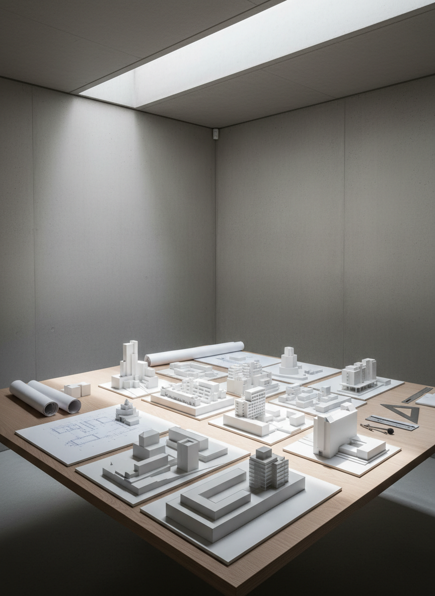 An elegant, open-plan architectural workspace featuring an array of scale models and blueprints arranged in a precise, minimalist grid atop a pale oak table. The environment is surrounded by muted concrete walls with subtle gradient lighting, and the setting feels curated yet functional. Gentle natural daylight streams overhead through a skylight, producing soft highlights on the table and faint shadows beneath the models. The mood is focused and contemplative, evoking creativity and professional mastery. Shot from a slightly elevated diagonal angle, the composition balances negative space and crisp detail, reflecting a photographic, minimalist aesthetic suited for an architecture portfolio.