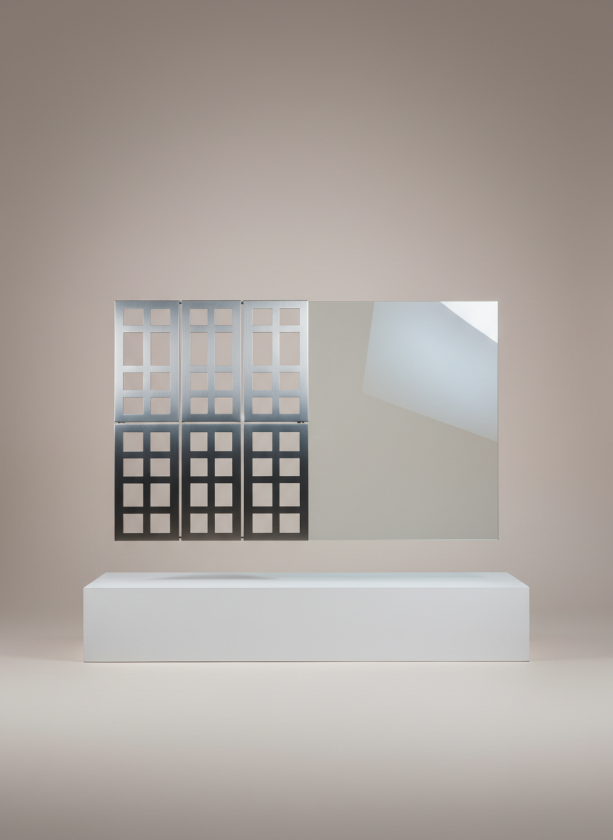 A sleek glass-and-steel architectural facade panel with intricate, minimalist cutouts and a finely brushed texture, positioned against a seamless pale taupe backdrop on a floating plinth. The scene is illuminated by carefully controlled, cool-toned softbox lighting that creates delicate reflections on the metal and subtle gradients across the glass surface. The mood is modern, refined, and quietly powerful, highlighting material quality and precision. Captured at an eye-level perspective, utilizing symmetric framing and a wide aspect ratio, the image adopts a minimalist, high-art photographic style aligned with the studio’s sophisticated portfolio presence.