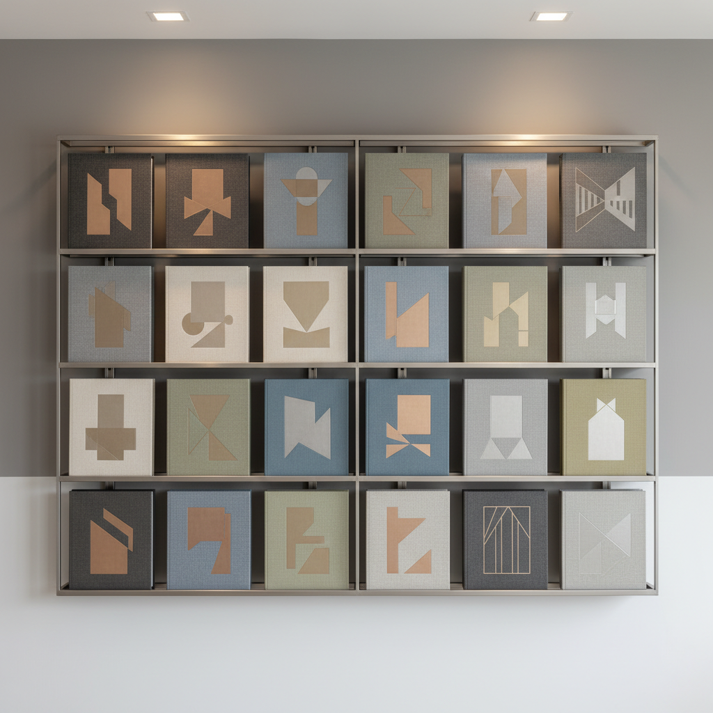 A perfectly arranged grid of high-end architectural portfolio books, each with muted, textured covers and sophisticated embossing, displayed on a minimalist steel shelving unit against a soft gradient wall. Discrete recessed lighting from above gently washes the scene, producing even illumination with delicate, diffuse reflections on the book covers. The space is refined and orderly, radiating calm professionalism. Shot straight-on with a wide, balanced composition and sharp clarity throughout, the photographic style is minimalist and elegant, underscoring the studio’s commitment to both aesthetic rigor and refined presentation.