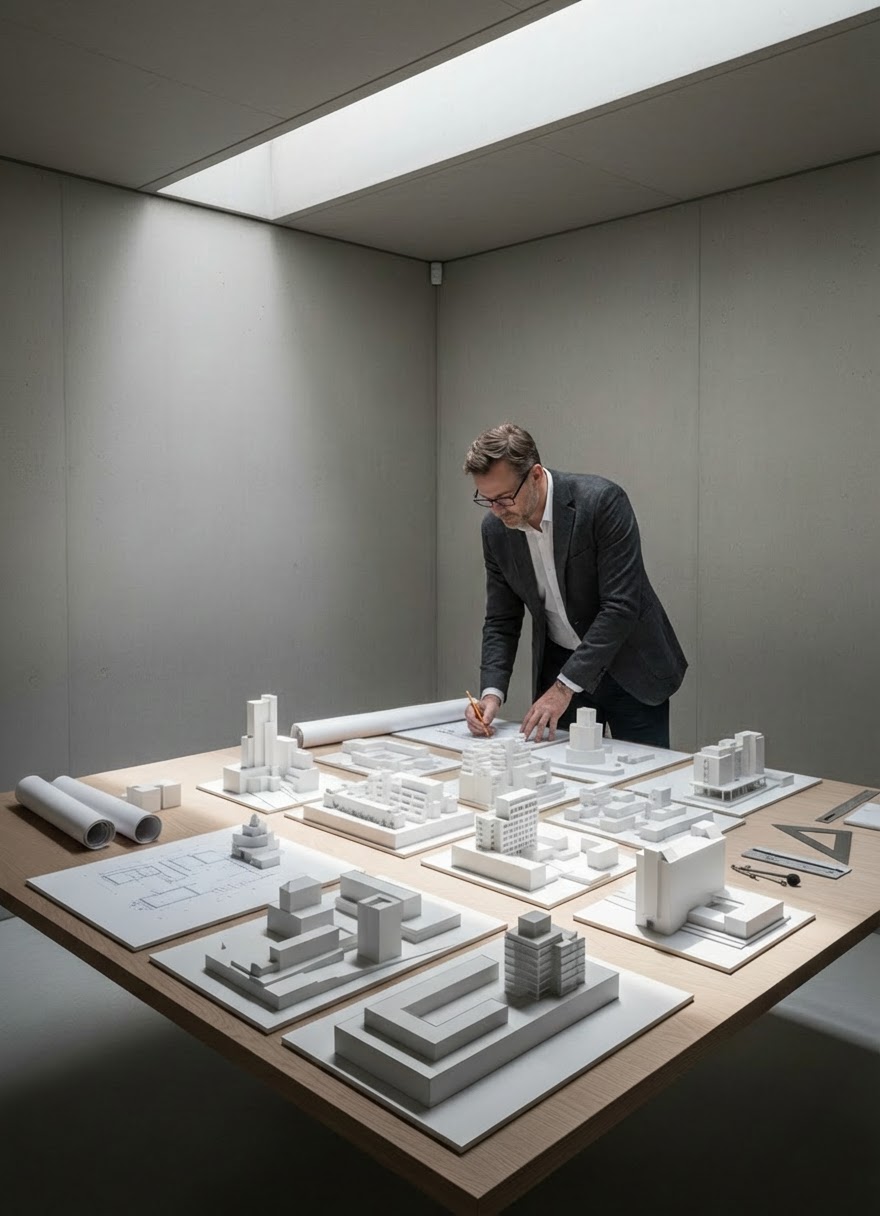 Architect leaning over a table covered in white scale models of urban buildings.