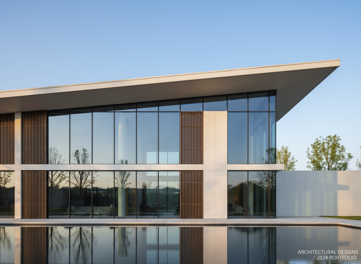 An architectural project photo for a design portfolio, clean composition, modern building facade